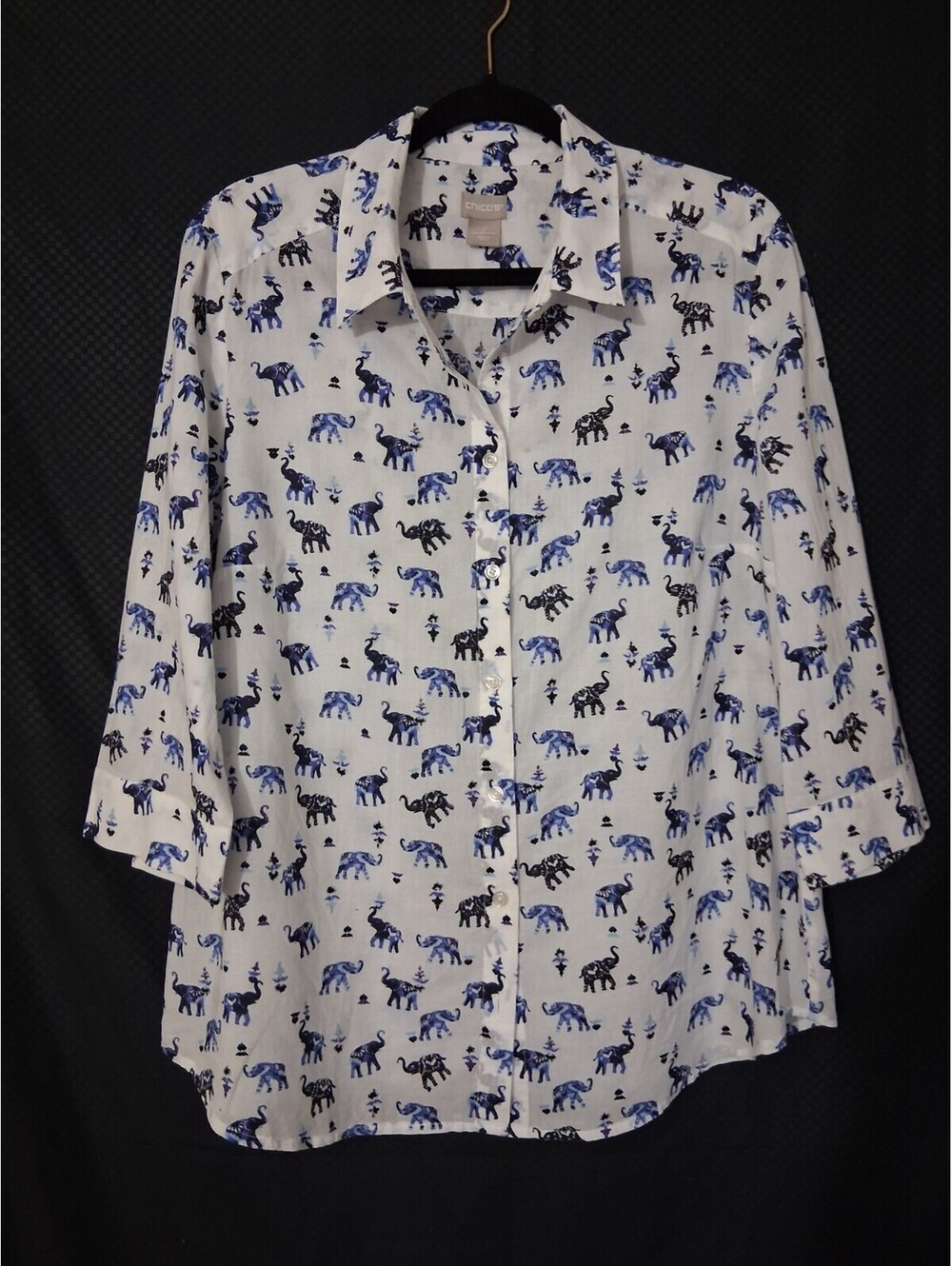 Chico’s Women's Large White Blue Elephant Print Button Front Shirt Boho